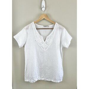 Marina Gigli Women's White‎ 100% Linen Top Size M Short Sleeve Crochet